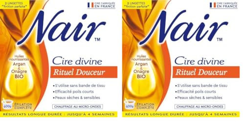 NAIR - Cire Rituel Douceur aux Huiles d'Argan & d'Onagre, spécial Peaux Sèches & Sensibles, Se Retire Sans Bandes, Pot de 400g + 2 Lingettes Finition Parfaite (Lot de 2)
