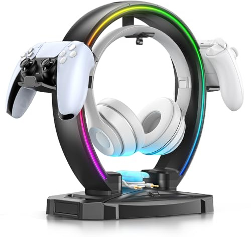 KDD LED Soporte Cascos Gaming con 9 Modos de Luz - Soporte Auriculares & Soporte Mando Plegable con Organizador de Cables - Cascos Porta Auriculares Mesa para Escritorio Gamer Accesorios Gaming PC