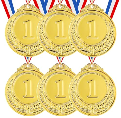 Quilax 6 Pack Gold Medals with Ribbon, Medals for Adults, 1st Place Medal Prizes for Sports Competitions and Tournaments, Gold Medal for Party Decorations and Awards (2 Inch)