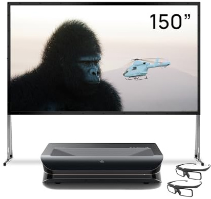 AWOL VISION LTV-3500 Pro Bundle with 150 Folding Outdoor Screen with Stand and 3D Glasses (2-Pack), 4K UHD HDR10+ Dolby Vision Ultra Short Throw Triple Laser Projector, 3000 ISO Lumens