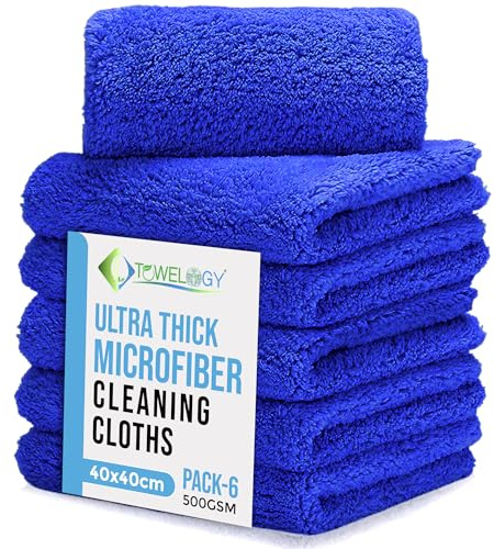 Towelogy® Ultra Thick Microfibre Cloths 500GSM Super Absorbent Large Microfibre Cleaning Cloths for Kitchen, Mirrors, Glass, Bathroom and Household 40x40cm (6, Blue)