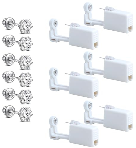 Modurio 6 Stück Einweg Ohrloch Stecher Set - Sicherheit Tragbares Selbst Ohrlochpistole, Ohrringe Selber Stechen mit Krone Stah Ohrstecker, 3/4/5mm Piercing Set für Mädchen, Frauen, Männer