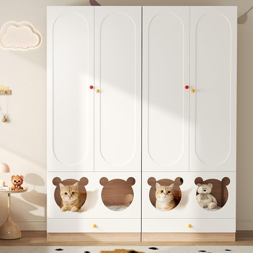 KecDuey Kleiderschrank 80×50×200cm mit Bügelstange, Kinderkleiderschrank mit Katzenbett, Lackierte Platten + Spanplatte, Bunte Keramikgriffen, Weiß + Naturholzfarbe (2)