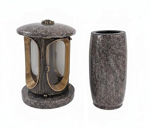 Lampe funéraire et vase funéraire en granit Paradiso - Lanterne et vase à fleurs pour pierre tombale - Résistant aux intempéries - Fabriqué à la main