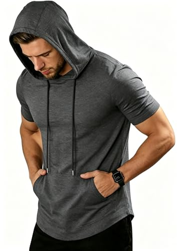 ZITY Tshirt mit Kapuze Herren Shirt Kurz Leichtes Sommer Gym Trainingsshirt mit Känguru-Tasche für Laufen,Boxen und Wandern Grau L