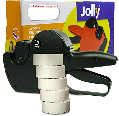 Preisauszeichner Set Jolly C8 inkl. 5 Rollen 26x12 Preisetiketten - weiss permanent | Aufdruck: mindestens haltbar bis | HUTNER