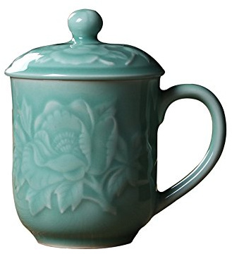 Teacups 13oz Coffee Mugs with Lid Porcelain Cups Embossed with Peony Chinese Celadon(01-Sky Blue)