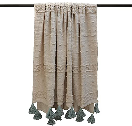 furn. Manta Boho Algodón con Relieve y Pompones Diseño Geométrico (Espuma de mar - 130 x 180 cm)