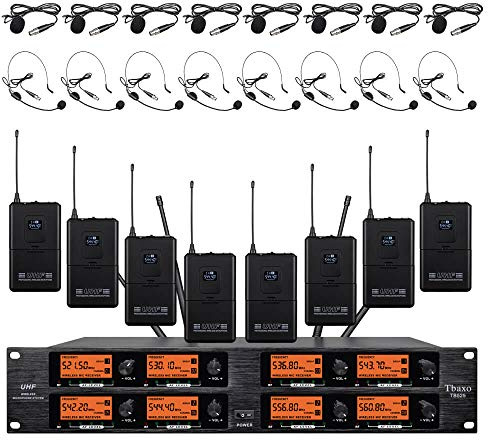 Wireless Microphone System Pro Audio 8 Channel UHF 8 Lavalier Bodypacks 8 Lapel Mic 8 Headsets for Karaoke System Meeting Church Speaking Conference Wedding Party Frequency B