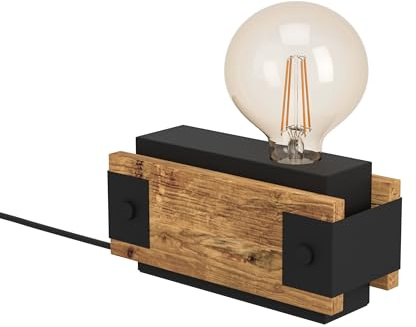 EGLO Tischlampe Layham, 1 flammige Tischleuchte Vintage, Industrial, Retro | Nachttischlampe aus Stahl und Holz, Wohnzimmerlampe in Schwarz, Natur, Lampe mit Schalter, E27 Fassung