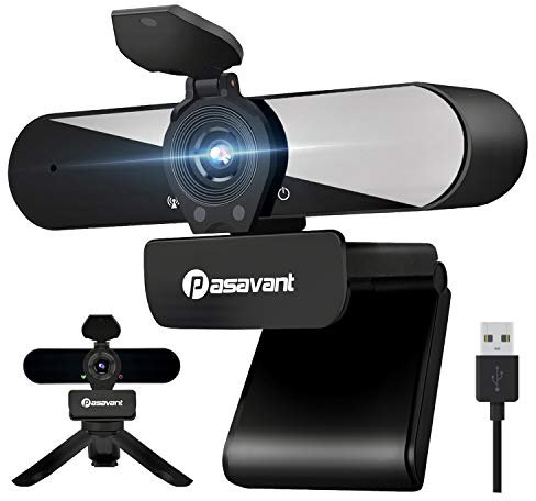 Pasavant Cámara web 2K con micrófono, cubierta, trípode, corrección de luz, USB 1440P, Full HD, Plug & Play, cámara web para PC, portátil, ordenador, videoconferencias, clases en línea, Skype