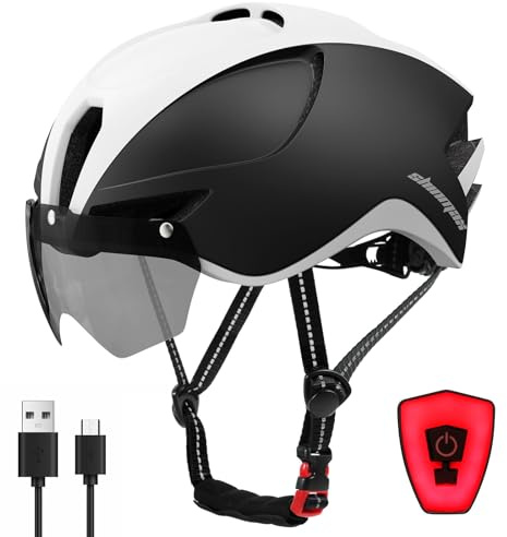 Casco Bici Adulti Shinmax RC-088 con Luce LED Ricaricabile USB e Visiera Magnetica, per Uomo e Donna, MTB e Ciclismo su Strada, Taglia Regolabile 57-62 cm