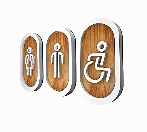 DOJA Barcelone | Plaque de Toilette Pictogramme en Bois | Femme + Homme + Handicap | 180 mm x 100 mm | Autocollants Porte de Toilette | pour Magasin, Bureau, Restaurant, Maison...