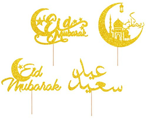 Amosfun Eid Mubarak Kuchen Topper Gold Glitter Ramadan Mubarak Cupcake Topper Kuchen Picks Kuchen Dekorationen Glücklich Eid Party Decor für Muslimische Party Favors Supplies 4Pcs