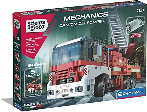 Clementoni 19181 Wissenschaft und Spiel Build, Feuerwehrwagen, Bausatz, mechanisches Labor, wissenschaftliches Spiel für Kinder, Handbuch auf Italienisch, Mehrfarbig, 8 Jahre, 7 x 31,1 x 45,1 cm
