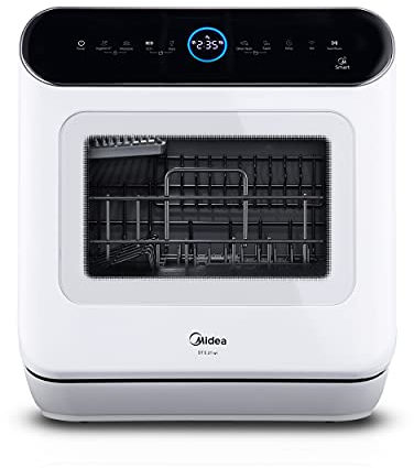 Midea ST 5.31 wi Mini lave-vaisselle de table 42 cm autonome, WiFi, avec/sans raccordement à l'eau fixe, espace XL pour grandes assiettes, 3 couverts, écran LED, commande tactile Blanc