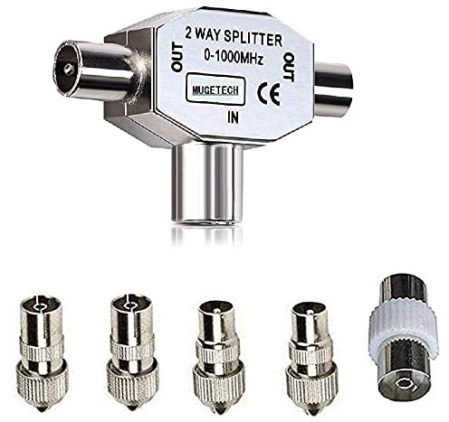 Mugetech TV Aerial Splitter 2 Way, TV Coax Splitter 1 Female to 2 Male Plug Coaxial Digital Signal Antenna Connector+5X TV Aerial Coaxial Cable Connectors