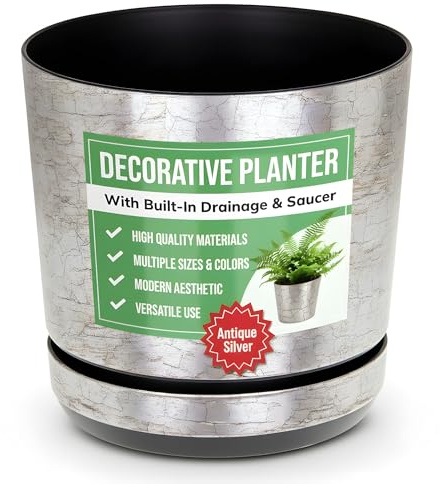 KORAD Antique Silver Indoor Plant Pots, 6 Sizes, Mix and Match Your Decor – Plant Pot Planter with Drainage Holes and Matching Saucer for All Houseplants – Modern Home Decor Round Flower Pot (21 cm)