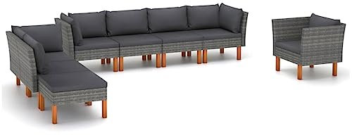 vidaXL Eukalyptusholz Gartenmöbel 8-TLG. Sitzgruppe Sofa Lounge Garten Garnitur Gartenset Gartensofa Ecksofa Mittelsofa Fußhocker Poly Rattan Grau