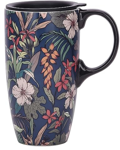 DUSVALLY Ceramic Mug Large Coffee Cup Tall Mugs Porcelain Latte Tea Cup with Lid 17oz,Blue