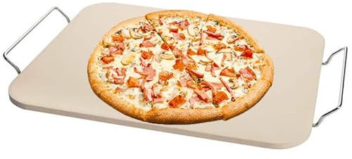 Virsus Pietra Refrattaria Per Pizza Rettangolare 3673, colore Beige, misura 38x30 cm, Vassoio in Ceramica, supporto e manici in metallo, per cottura Pizza, Pane, Focacce in Forno