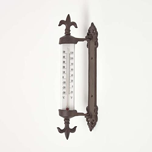 HOMESCAPES Brown Cast Iron Garden Thermometer Wall Mounted Ornate Window Frame Temperature Gauge