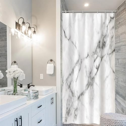 Uiiooazy Tenda Doccia Antimuffa, Tenda da Doccia Piccola 90x180cm Grigio Chiaro Effetto Marmo Bianco Moderno Tende da Bagno Tessuto Lavabile Impermeabile Poliestere Tende Vasca da Bagno con 6 Anelli