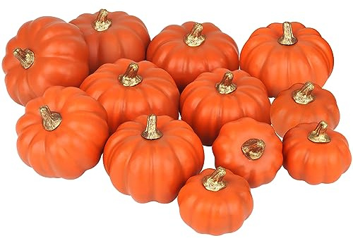 Artmag Artificial Pumpkins Bulk 12Pcs Assorted Sizes Harvest Lifelike Pumpkin Fake Foam Pumpkin for Fall Autumn Halloween Home Party Thanksgiving Party Holiday Decor Dark Orange