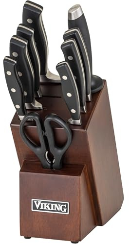Viking Kitchen Knives Set, 10 Piece Full Forged Cutlery Set with Walnut Knife Block, Stainless Steel Blades and Ergonomic Handles, Dishwasher Safe