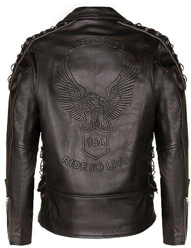 Infinity Leather Herren Jahrgang Schwarz Brando LIVE to Ride Geprägte Eagle Leder Motorrad Motorradjacke