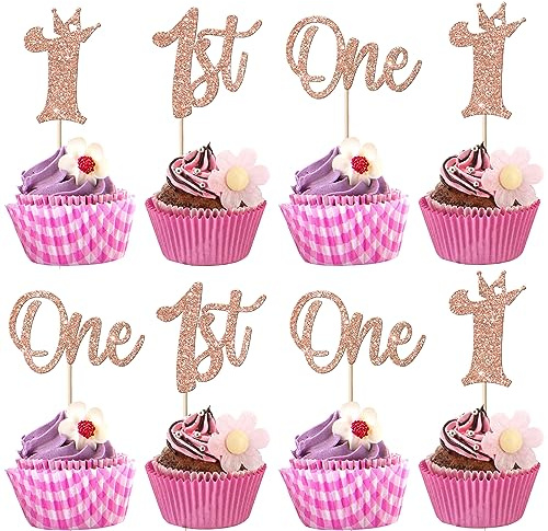 24 Stück 1st Geburtstag Tortendeko Glitzer Krown One Cupcake Toppers Crown Kuchen Deko für Ersten Geburtstag Party Kuchen Dekorationen Rosegold