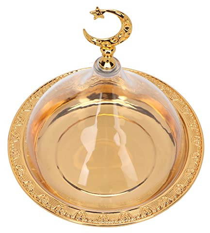 Hztyyier Golden Embossed Stainless Steel Serving Plate, Vintage Acrylic Tray with Dome Rustic Base for Salad Dessert Coffee