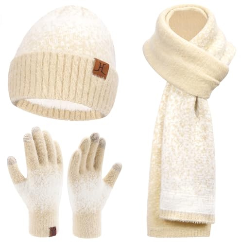 Bequemer Laden Mütze Damen Winter Schal Handschuhe Set | Damen Warm Beanie Wintermütze Strickmütze Touchscreen Winterhandschuhe Strickhandschuhe und Lang Schal Set Geschenke Frauen