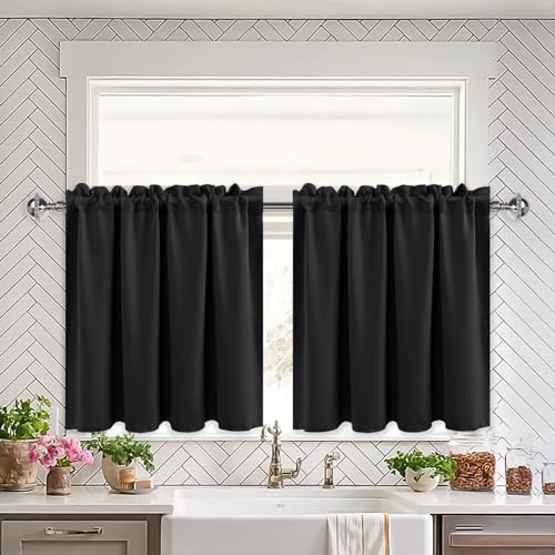 XWZO Schwarz Gardinen Blackout, Vorhänge Blickdicht, Küchengardinen Bistrogardine Kurzer Scheibengardinen für kleines Fenster, Wohnwagen, B 66cm x H 77cm pro Paneel, 2er Set