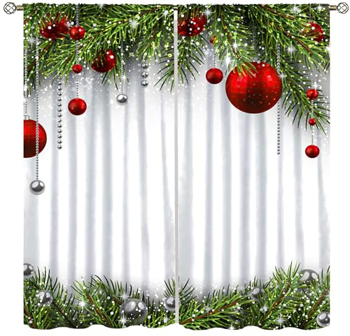 AuiMzoo Christmas Decorative Window Curtains, Classic Christmas Decorations Conifer Pine Tree Branches Gold Velvet Print Holiday Home Decor for Bedroom Living Room42X45 Inch