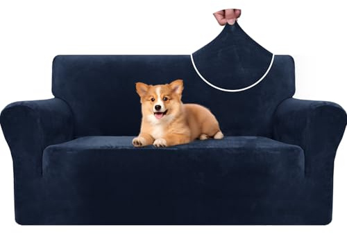CYCMACO Samt Sofa Überzug 2 Sitzer, Sofabezug Elastische, Couch Überzug Haustier Katze Hunde, Universal Sofa Cover Moderne, Sofahusse Mit Armlehnen, Sofaschoner rutschfest, Dunkel Blau