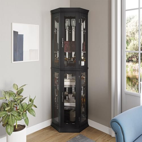 BELLEZE Upplyst 3-sidig glasdisplay curio-skåp med härdat glasdörrar och hyllor, accent trä hörnskåp med glödlampa, hörnförvaringsdekoration ställning för vardagsrum och säng – korona (svart)