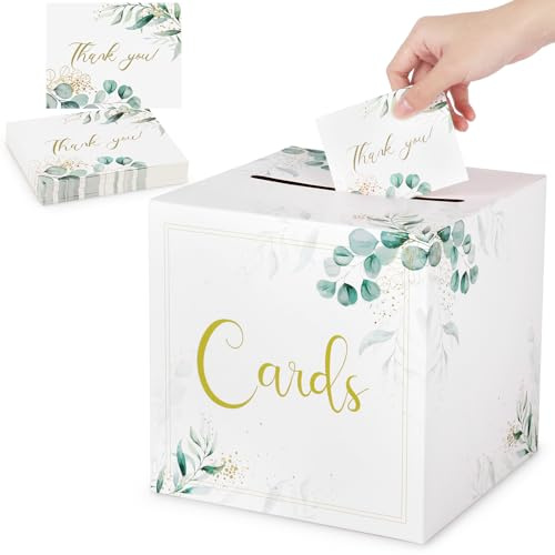 Lemicin Wedding Card Post Box: White Kraft Card Boxes Gift Card Box Money Card Box with 50Pcs Thank You Cards for Reception Graduation Birthday Baby Shower Party Decorations