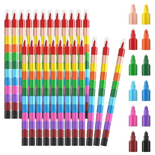 ECHOCUBE 24 Stück Stapelbare Buntstifte Kinder, Regenbogen Baustein Set für Junge & Mädchen, Steckbare Malstifte Wachsmalstifte für Geburtstag Gefälligkeiten & Party Geschenke