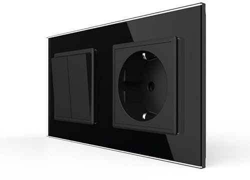 LIVOLO doppelter Wipp Serienwechselschalter Lichtschalter mit Schuko Steckdose für Unterputz Einbau Serien Wechsel Schalter VL-C7-K2S/C1EU-12-A in schwarz im Glasrahamen Wandschalter Einbausteckdose