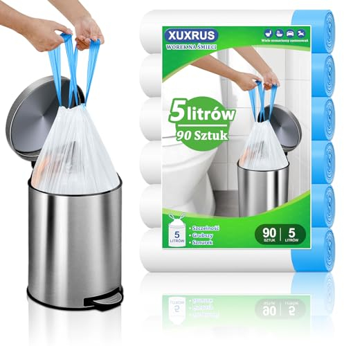 XUXRUS Sacs à ordures de 5 litres avec cordon de serrage, sacs à ordures de 90 pièces avec poignée de transport, sacs à ordures blancs
