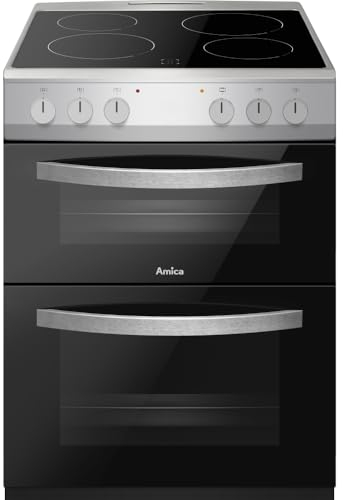 Amica AFC602SS 60cm Ceramic Electric Cooker with Double Oven, A Rated Energy Efficiency, 4-Zone Ceramic Hob, Fan-Assisted Main Oven, 2 Year Warranty, Silver Freestanding Electric Cooker