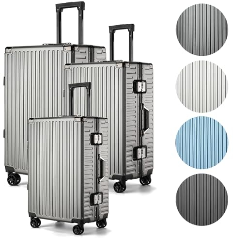 Int'x Hartschalenkoffer mit Aluminiumrahmen 3er Set (M,L,XL) Trolley Handgepäck Reisekoffer Koffer Leicht mit 4 Rollen Rollkoffer Hartschale TSA Schloss Reisetrolley Flug Reisegepäck Luggage Grau