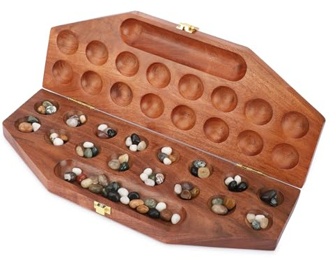 Ajuny Hus Bao Kalaha Mancala stenspel stort fällbart bräde flerfärgade stenar brädspelset av trä för skojs roliga familjer spel bärbar resevänlig klassiskt bordsspel för vuxna och barn