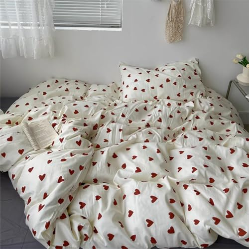 AShanlan Bettwäsche 200x220 Baumwolle Herzen Bettbezug Kissenbezug 80x80x2 | Aesthetic Herzchen Rot Weiß Bettwäsche, ÖKO-TEX Bettwäsche-Sets mit Reißverschluss