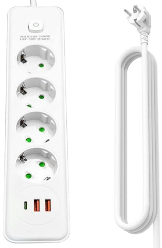 4 Fach Mehrfachsteckdose mit USB C und 2 USB A, Mehrfachstecker mit Schalter 7 in 1 Steckdosenleiste Stecker mit Kindersicherung und 2m Kabel, Verteilersteckdose Steckerleiste für Büro und Zuhause