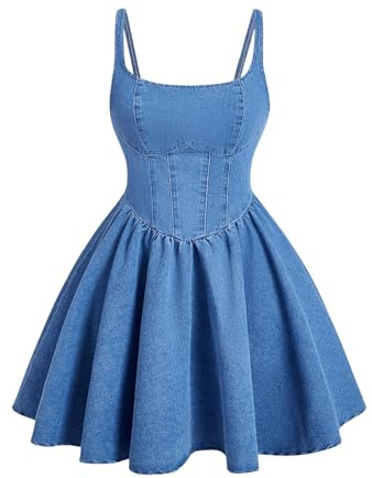 WDIRARA Women's Casual Square Neck Denim Dress Ruffle Hem A Line Mini Dress Blue Medium