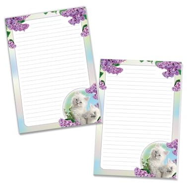 2 Briefblöcke Schulheft Notizblockl Briefpapier für Jungen Mädchen Kinder Katze lila Blumen (2 Blöcke A4 mit je 25 Blätter)