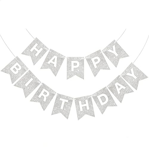 Cartel de feliz cumpleaños con purpurina plateada para telón de fondo, decoraciones plateadas para mujeres y hombres, guirnalda de fiesta de cumpleaños, banderines para niños y adultos
