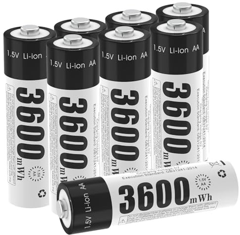 Batteria ricaricabile AA da 1,5 V, batteria AA ricaricabile agli ioni di litio con 3600 mWh e 1200 ciclo lungo, confezione da 8 batterie, per telecomandi, giocattoli motorizzati